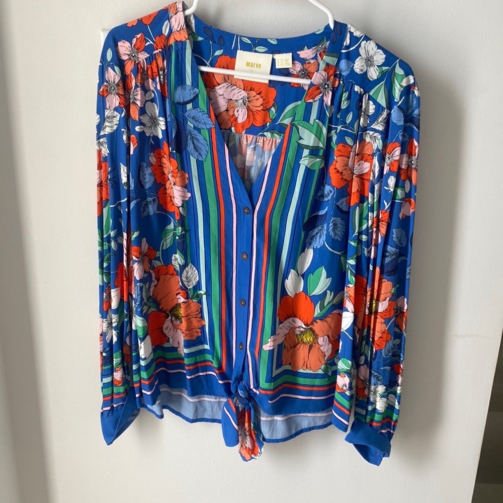 Anthropologie - Maeve,  Elan Blue Scarf Print Tie Front Blouse Size 10